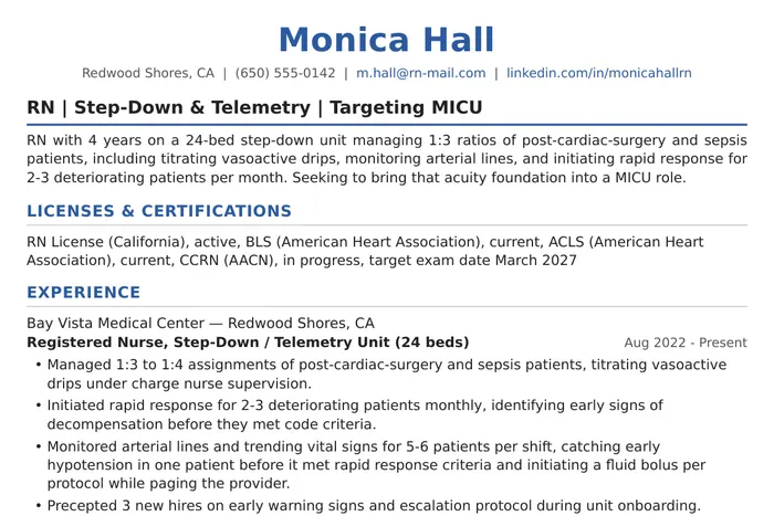 Critical Care Nurse Resume example, Transitioning Into Critical Care version