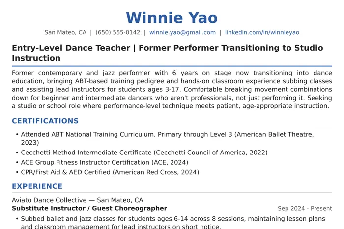 Dance Teacher Resume example, Entry-Level version