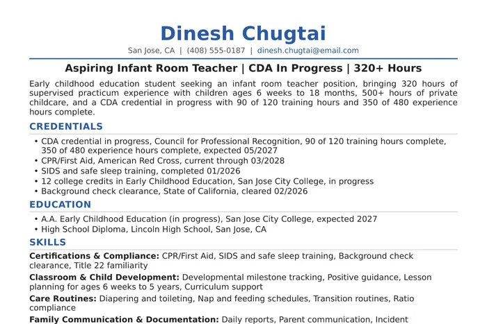 Daycare Teacher Resume example, Entry-Level version