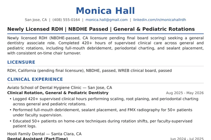 Dental Hygienist Resume example, Entry-Level version
