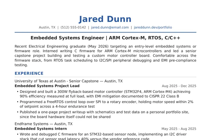 Electrical Engineer Resume example, Embedded Systems version