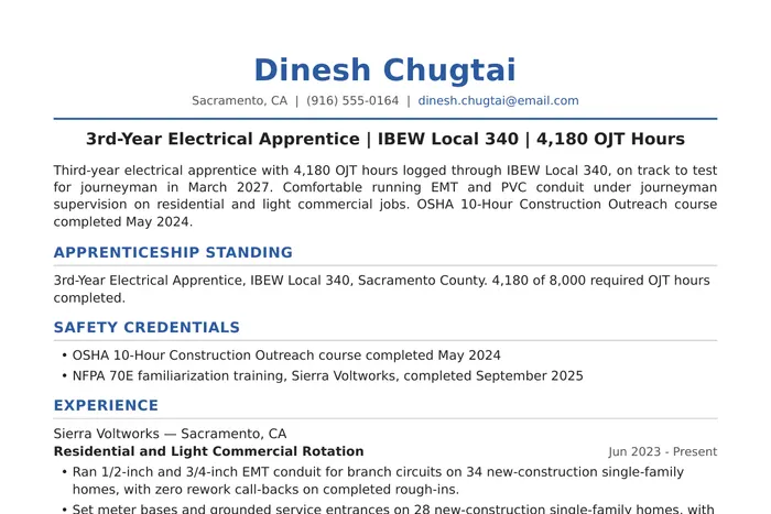 Electrician Resume example, Apprentice version