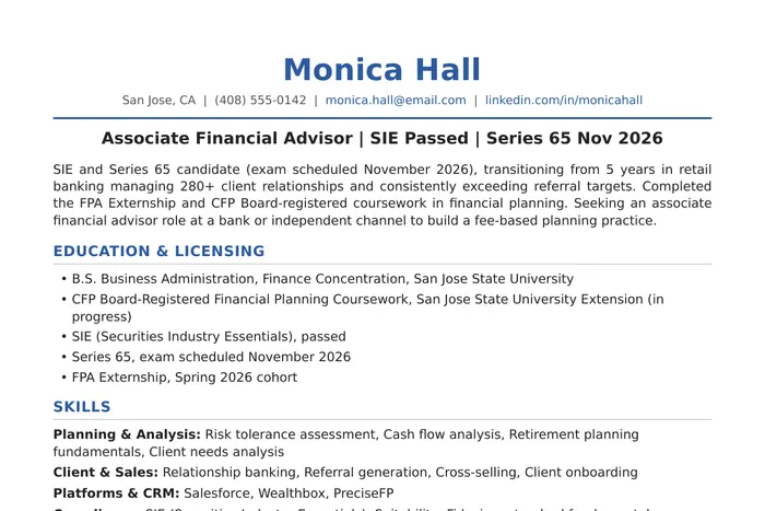Financial Advisor Resume example, Entry-Level / Career-Changer version