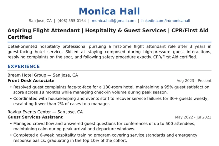 Flight Attendant Resume example, Entry-Level version