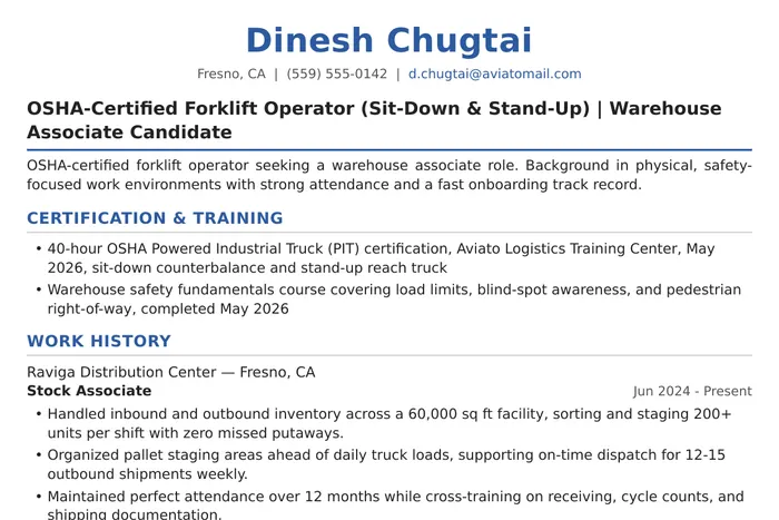 Forklift Operator Resume example, Entry-Level (Certified, No Experience) version