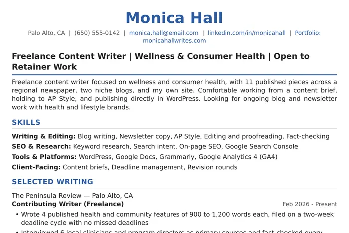 Freelance Writer Resume example, Entry-Level version