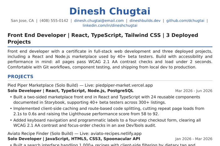 Front End Developer Resume example, Entry-Level version