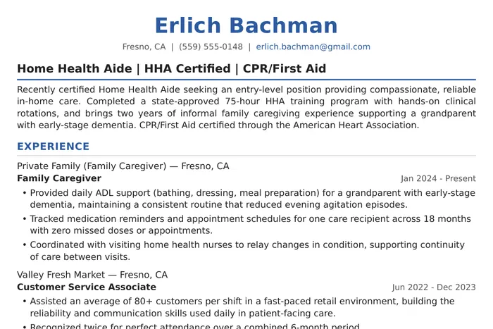 Home Health Aide Resume example, Entry-Level version