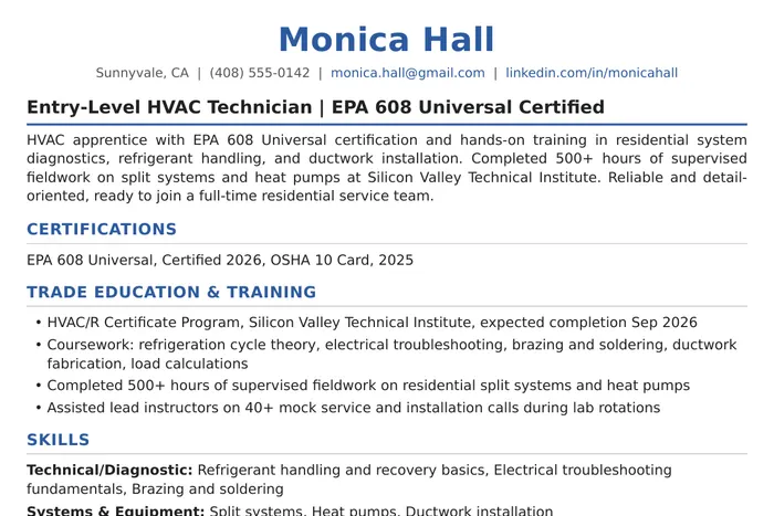 HVAC Technician Resume example, Entry-Level version