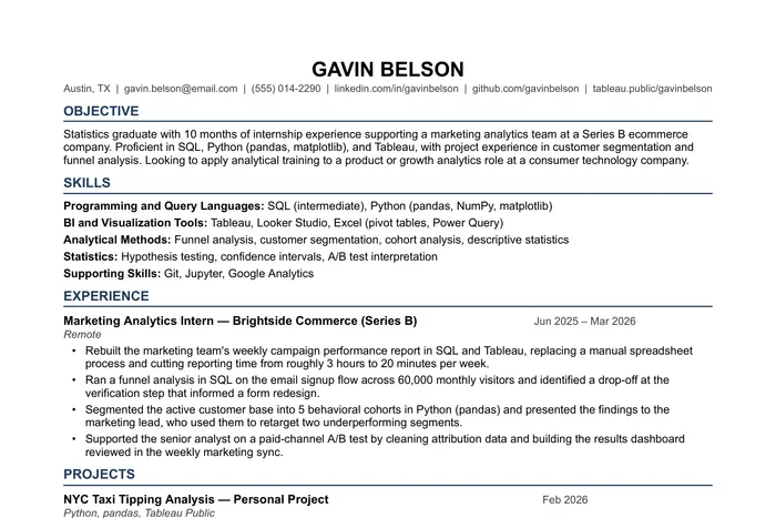 Data Analyst Resume example, Entry-Level version