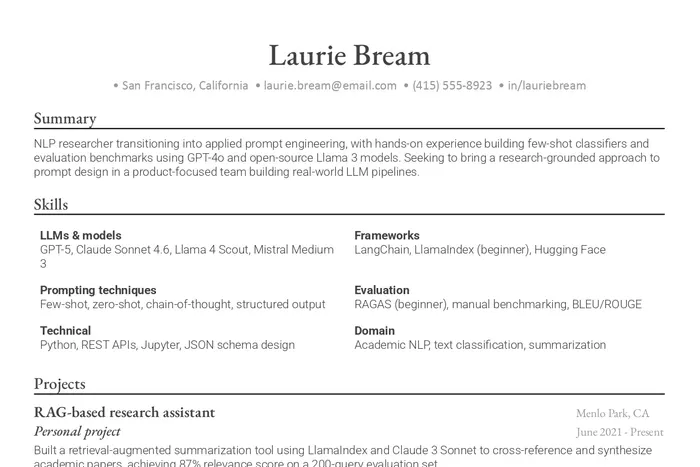 Prompt Engineer Resume example, Entry-Level version