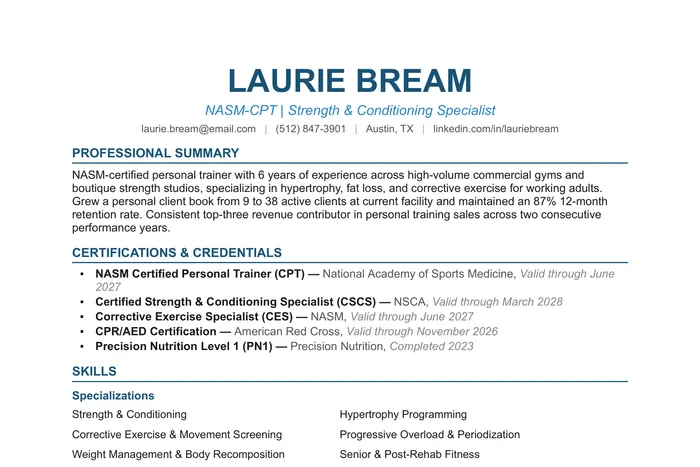 Fitness Professional Resume example, Entry-Level & Senior version