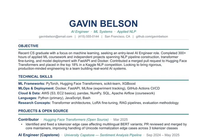 AI Engineer Resume example, Entry-Level version