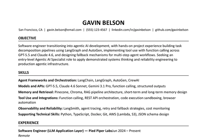Agentic AI Specialist Resume example, Entry-Level version
