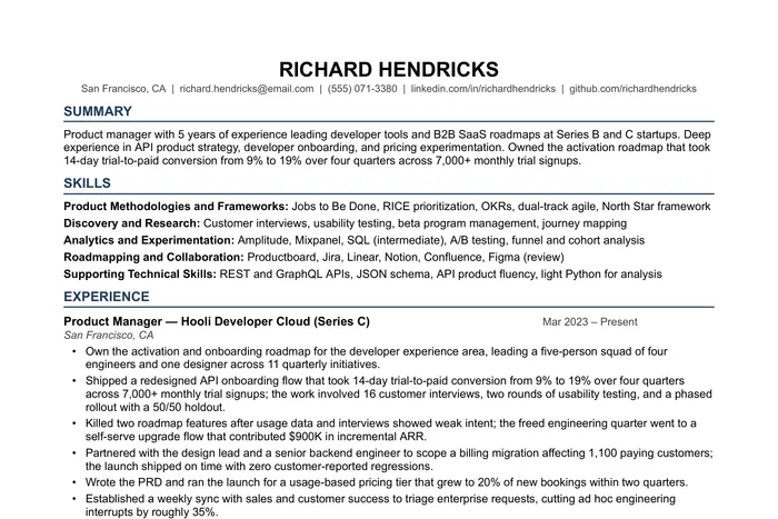 Product Manager Resume example, Entry & Mid-Level version