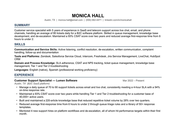 Customer Service Representative Resume example, Entry & Mid-Level version