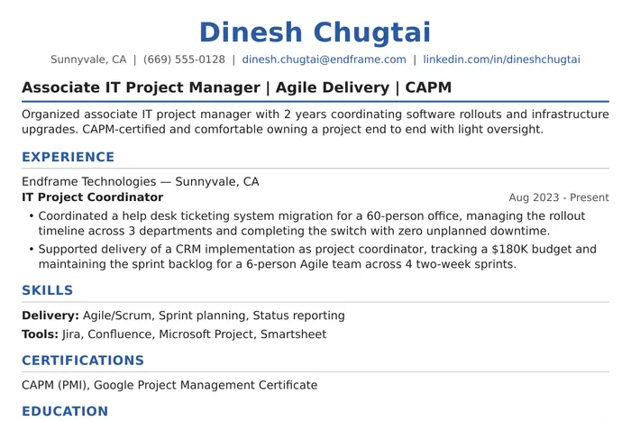IT Project Manager Resume example, Associate / Junior version