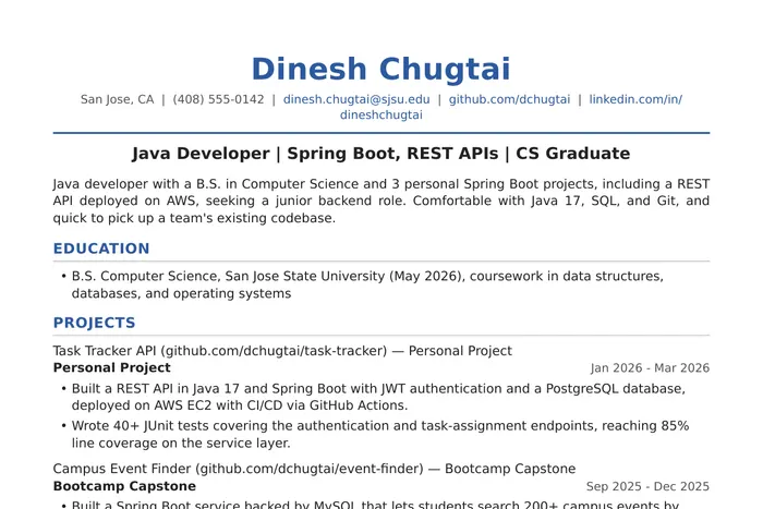 Java Developer Resume example, Entry-Level version