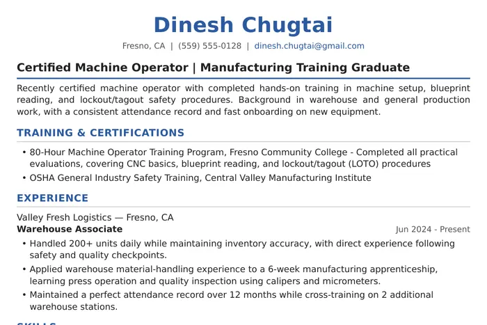 Machine Operator Resume example, Entry-Level version