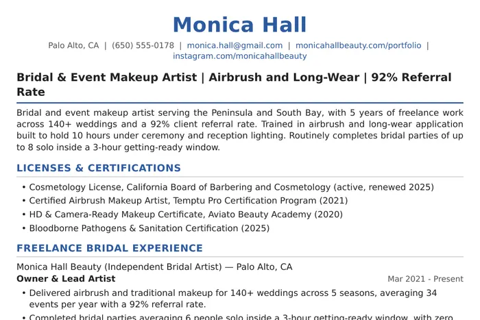 Makeup Artist Resume example, Bridal version
