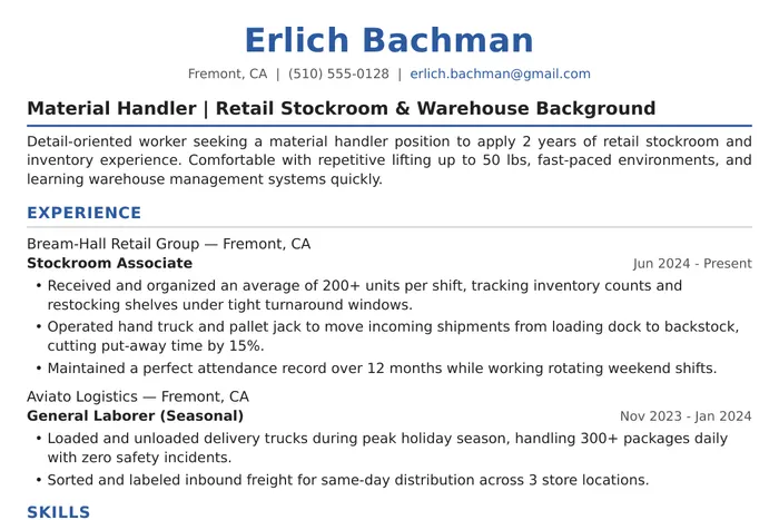 Material Handler Resume example, Entry-Level version