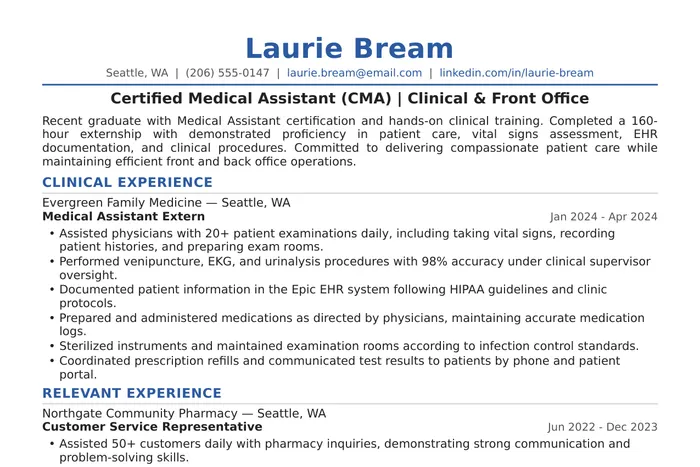 Medical Assistant Resume example, Entry-Level version