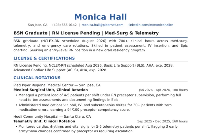 New Grad Nurse Resume example, New Graduate RN version
