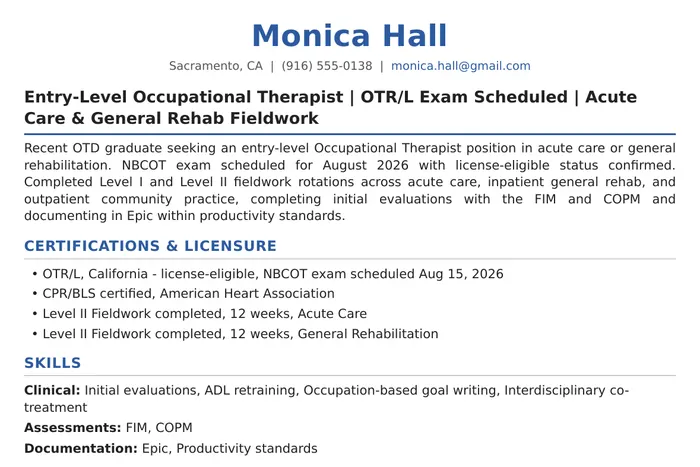 Occupational Therapist Resume example, New Grad version