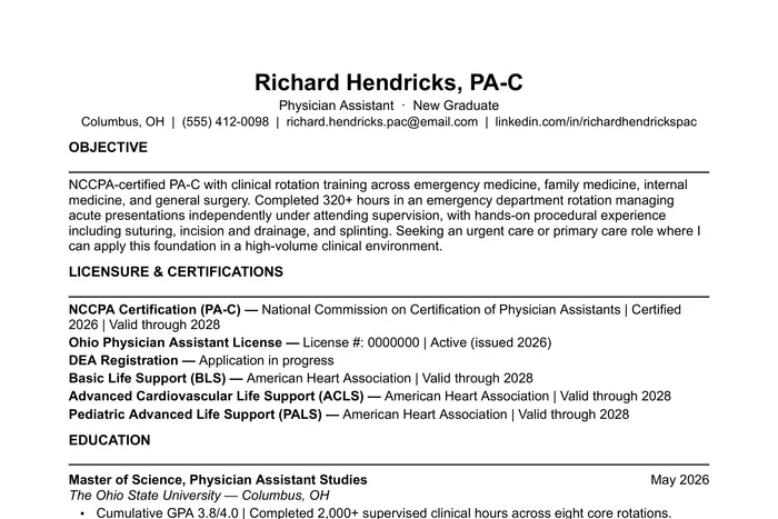 Physician Assistant Resume example, Entry-Level version