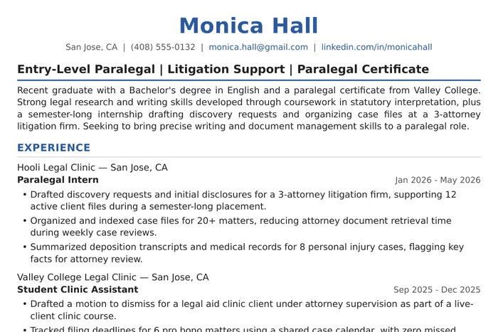 Paralegal Resume example, Entry-Level version