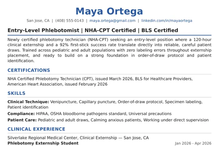Phlebotomist Resume example, Entry-Level version