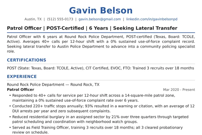 Police Officer Resume example, Patrol Officer (Lateral Transfer) version