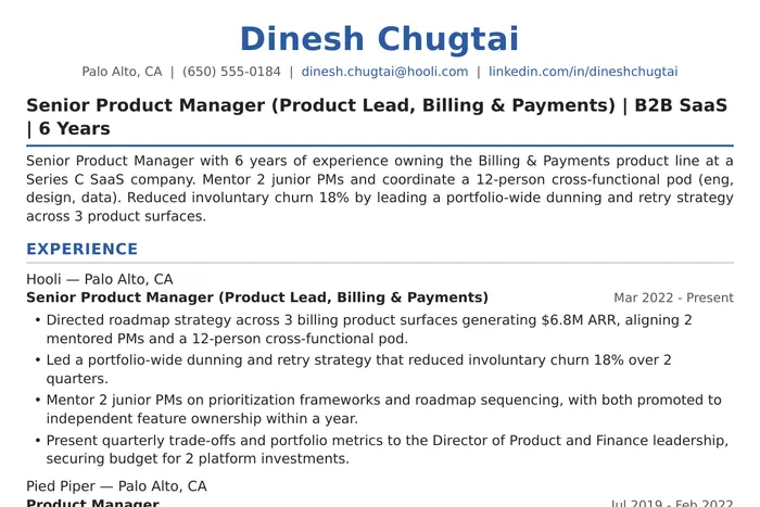 Product Lead Resume example, First-Time Product Lead version
