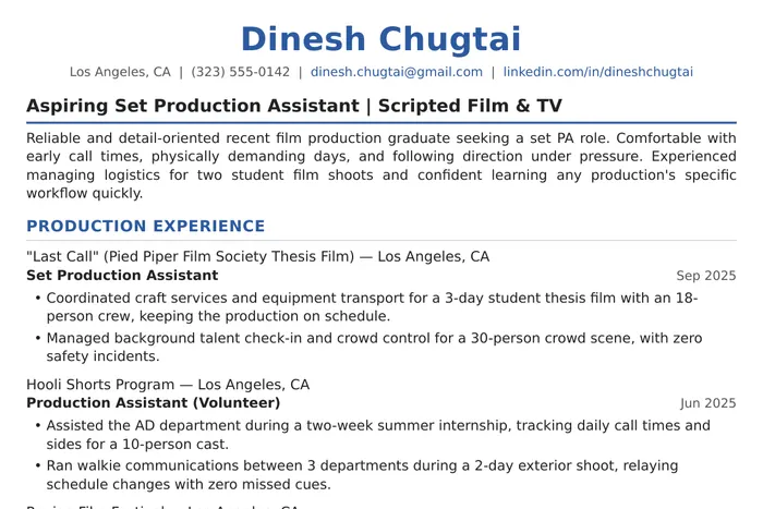 Production Assistant Resume example, Entry-Level version