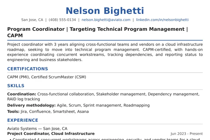 Program Manager Resume example, Entry-Level version