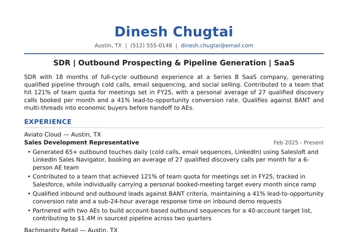 Sales (SDR to Manager) Resume example, SDR / BDR version