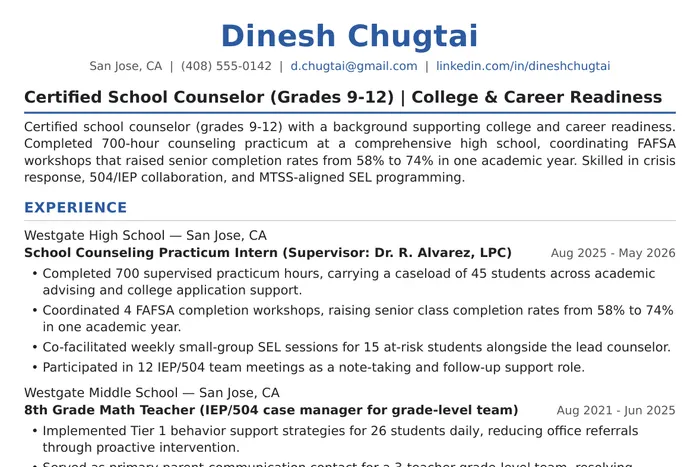 School Counselor Resume example, Entry-Level version