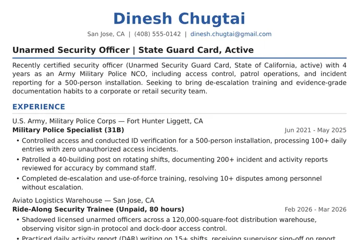 Security Officer Resume example, Entry-Level / Unarmed version