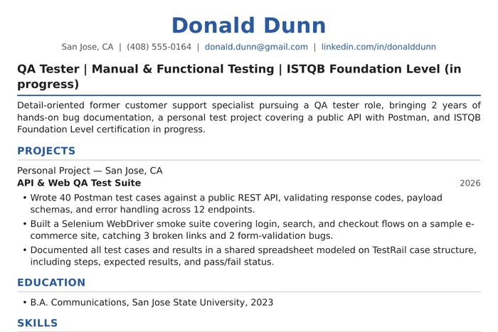 Software Tester / QA Resume example, Entry-Level or Career Changer version