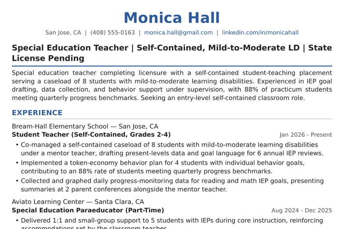 Special Education Teacher Resume example, Entry-Level (Self-Contained) version
