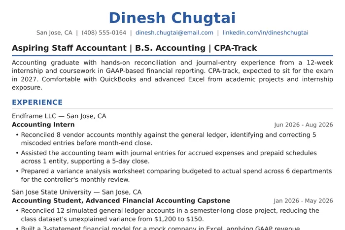 Staff Accountant Resume example, Entry-Level version