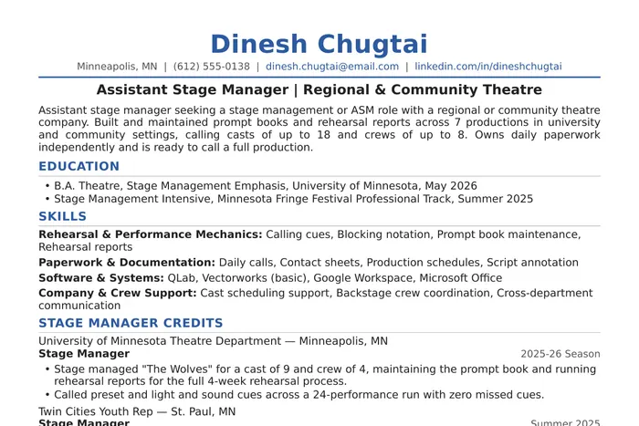 Stage Manager Resume example, Early-Career version