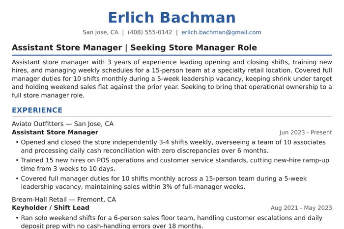 Store Manager Resume example, Entry-Level / Assistant version