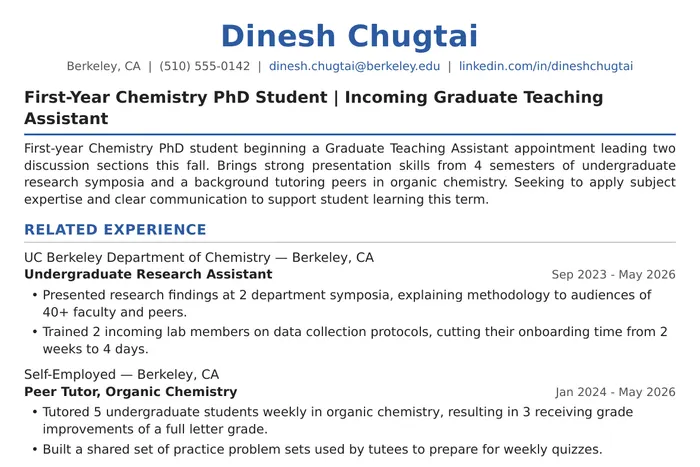 Teaching Assistant Resume example, Entry-Level version