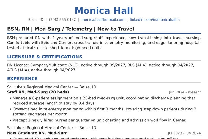 Travel Nurse Resume example, New to Travel version