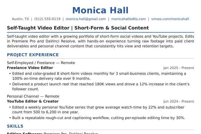 Video Editor Resume example, Entry-Level / Self-Taught version