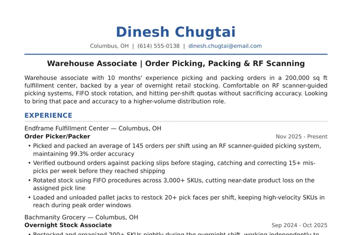 Warehouse Associate Resume example, Warehouse Associate version