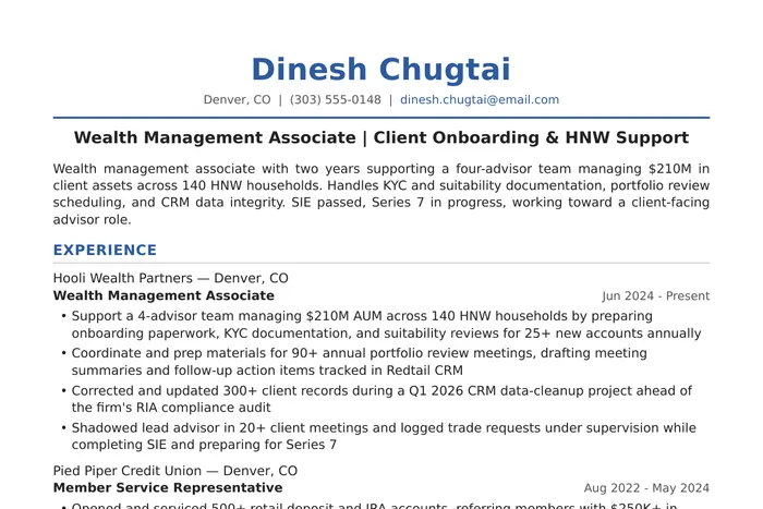 Wealth Management Resume example, Wealth Management Associate version